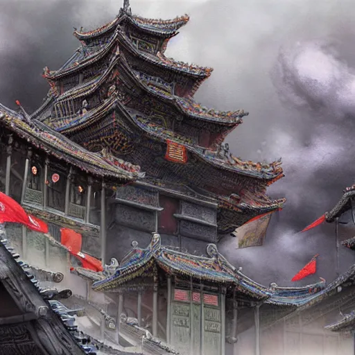 Image similar to dynamic composition, motion, ultra-detailed, incredibly detailed, a lot of details, amazing fine details and brush strokes, colorful and grayish palette, smooth, HD semirealistic anime CG concept art digital painting, watercolor oil painting of epic castle gate, from Three Kingdoms, by a Chinese artist at ArtStation, by Huang Guangjian, Fenghua Zhong, Ruan Jia, Xin Jin and Wei Chang. Realistic artwork of a Chinese videogame, gradients, gentle an harmonic grayish colors.