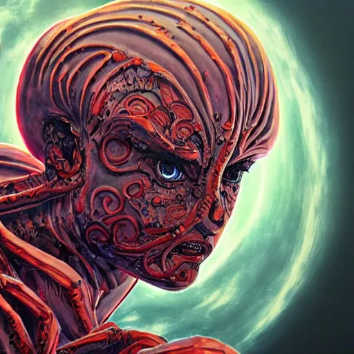 Image similar to 4K headshot of godlike Alien with defined arms and open hands and bloody clothes with giant mandala wings , intricate face , flawless anime cel animation by Kentaro Miura, psychedelic , highly detailed upper body , professionally post-processed , beautiful, scary, symmetry accurate features, epic, octane rendered, anime masterpiece, accurate by Craig Mullins, ilya kuvshinov, krenz cushart, epic , artgerm trending on artstation by Edward Hopper and Dan Mumford and WLOP and Rutkovsky, beksinski carl spitzweg moebius and tuomas kocar, intricate artwork by caravaggio, Unreal Engine 5, Lumen, Nanite