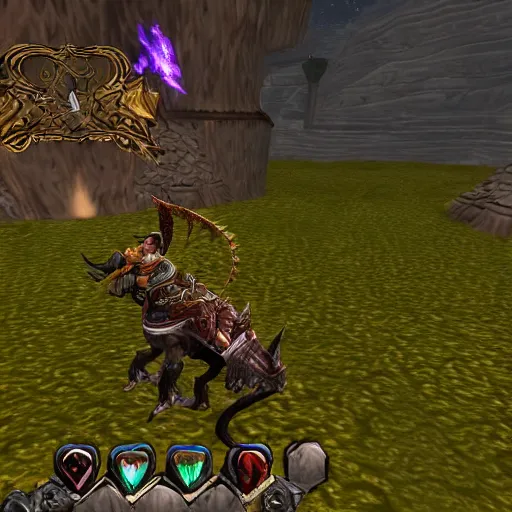 Image similar to warrior riding hercules beetle mount, facing camera, world of warcraft mount, psx graphics, fantasy mmorpg screenshot