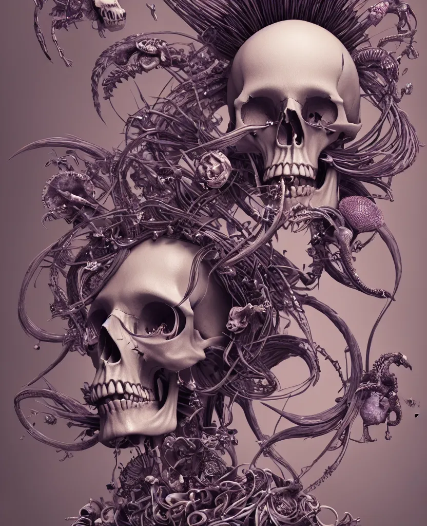 Image similar to goddess close-up portrait skull with mohawk, ram skull, skeleton, thorax, x-ray, backbone, jellyfish phoenix head, nautilus, orchid, skull, betta fish, bioluminiscent creatures, intricate artwork by Tooth Wu and wlop and beeple. octane render, trending on artstation, greg rutkowski very coherent symmetrical artwork. cinematic, hyper realism, high detail, octane render, 8k