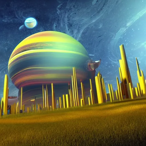 Prompt: large futuristic city surrounded by yellow grass and red trees, with a gas giant in the sky. realistic 3 d render, full color