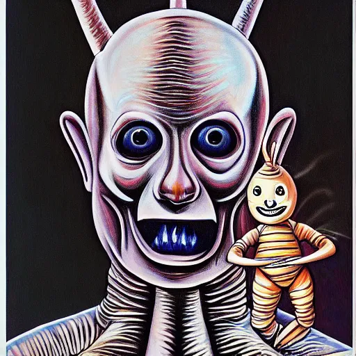 Prompt: conehead teletubbies skeleton anatomy self portrait, alex grey painting