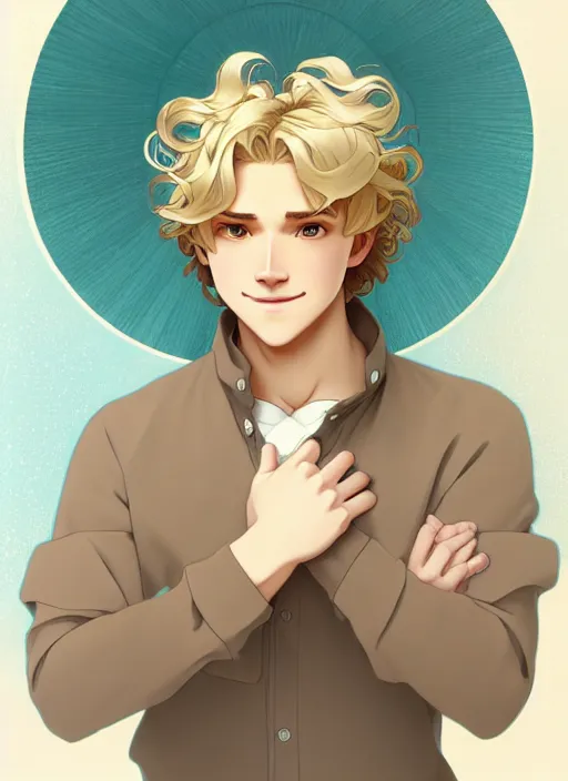 Image similar to young man with medium - length, curly, golden hair, perfectly proportioned face, aquamarine eyes, sweet smile, natural lighting, path traced, highly detailed, high quality, cartoon, digital painting, by new haicheng and studio ghibli and alphonse mucha