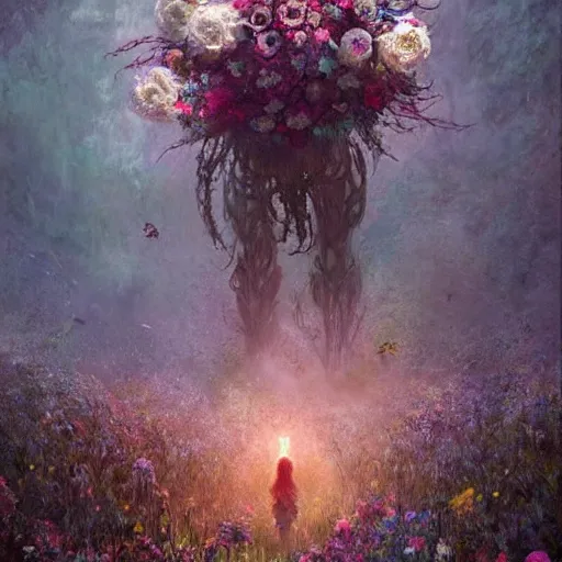 Image similar to a gigantic beautiful terrifying monster made of flowers looms over a tiny human. ethereal horror fantasy art by greg rutkowski and magali villanueve and monet