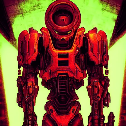 Prompt: Doom slayer, synthwave background, vivid color, high quality, digital painting, hyperrealism, neon, perfect symmetry