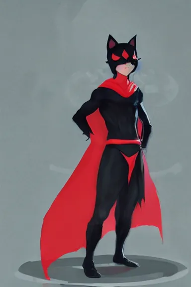 Image similar to little boy with cat ears in an black outfit with red cape. digital artwork made by lois van baarle and kentaro miura and marc simonetti, sharpness focus, inspired by hirohiko araki, anatomically correct, heroic composition, hero pose, smooth, concept art