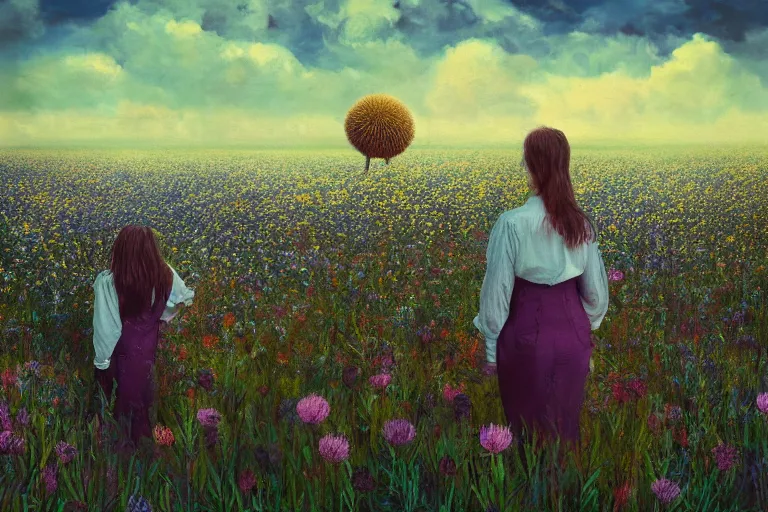 Image similar to giant thistle flower head, girl in suit in field of flowers, surreal photography, sunrise, blue sky, dramatic light, impressionist painting, digital painting, artstation, simon stalenhag