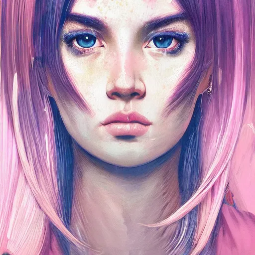 Image similar to half - voidcore symmetrical woman with cute - fine - face, pretty face, white and pink hair, realistic shaded perfect face, extremely fine details, by realistic shaded lighting, dynamic background, poster by ilya kuvshinov katsuhiro otomo, magali villeneuve, artgerm, jeremy lipkin and michael garmash and rob rey, pascal blanche, kan liu