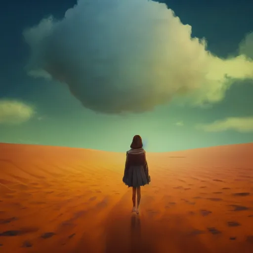 Image similar to closeup giant dahlia flower standing head, girl walking between dunes, surreal photography, sunrise, blue sky, dramatic light, impressionist painting, digital painting, artstation, simon stalenhag