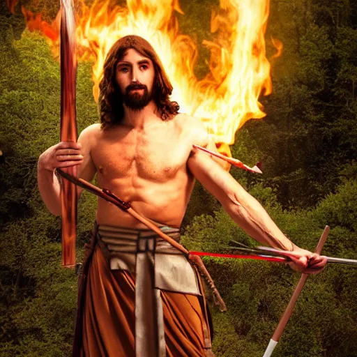 Jesus Christ as Rambo holding a Bow and Flaming Arrow, | Stable ...