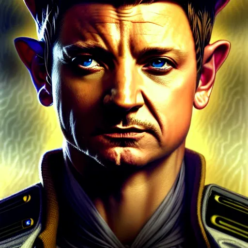 Prompt: portrait painting of a cyberpunk elf policeman who looks like jeremy renner, ultra realistic, concept art, intricate details, eerie, highly detailed, photorealistic, octane render, 8 k, unreal engine. art by artgerm and greg rutkowski and charlie bowater and magali villeneuve and alphonse mucha