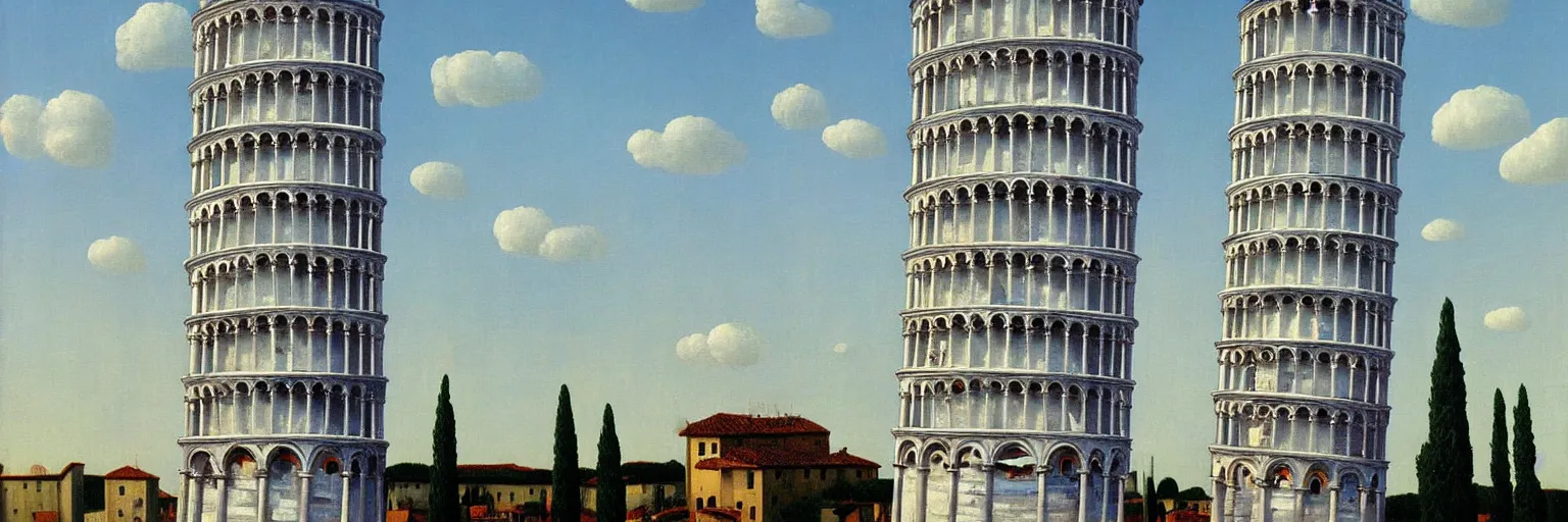 Prompt: Leaning Tower of Pisa oil painting magritte
