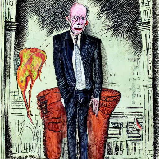 Image similar to Jacob Rothschild full body shot, dollar bills Body horror, biopunk, by Ralph Steadman, Francis Bacon, Hunter S Thompson