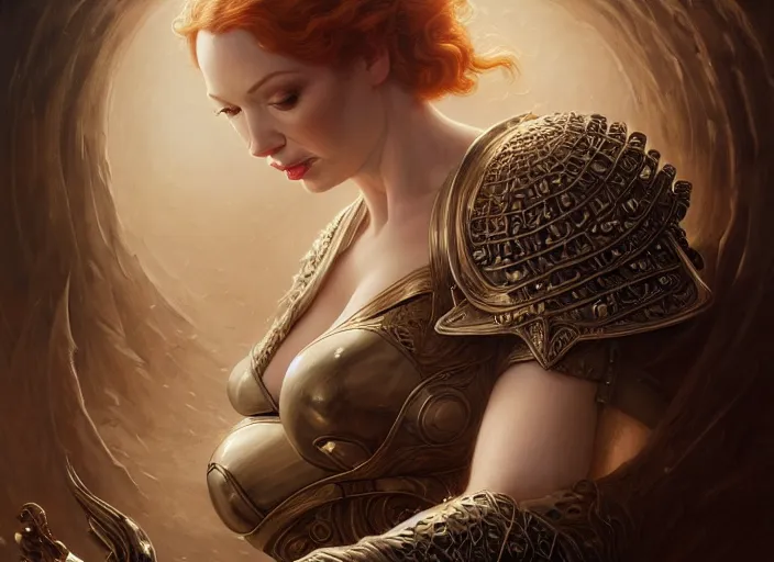 Image similar to wideangle!! portrait shot of christina hendricks wearing mideval armor, intricate, elegant, highly detailed, centered, digital painting, artstation, concept art, smooth, sharp focus, illustration, artgerm, tomasz alen kopera, peter mohrbacher, donato giancola, joseph christian leyendecker, wlop, boris vallejo