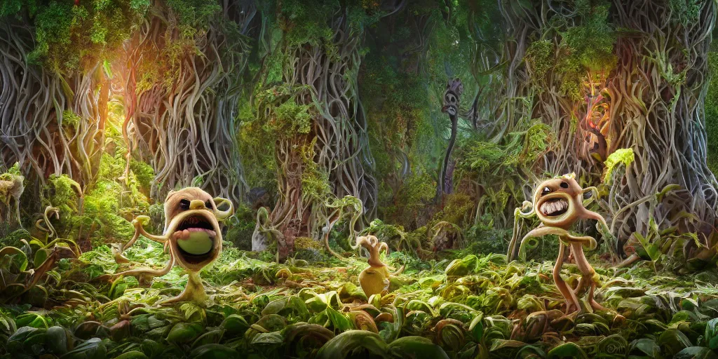 Prompt: of an intricate forest with strange cute friendly happy creatures with huge eyes, mouth, long tongue, round teeth and goofy face, appearing from the background, in the style of gehry and gaudi, macro lens, shallow depth of field, ultra detailed, digital painting, trending artstation, concept art, illustration, cinematic lighting, photorealism, epic, octane render