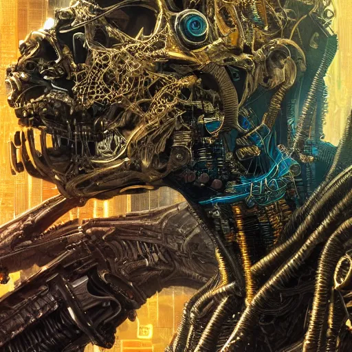 Prompt: a golden cyberpunk skeleton with highly detailed and intricate electric eyes, by android jones and greg rutkowski, Trending on artstation, hyperrealism, elegant, stylized, highly detailed digital art, 8k resolution, hd, global illumination, radiant light, detailed and intricate cyberpunk ghetto environment, rendered in octane, oil on canvas, wide angle, dynamic portrait