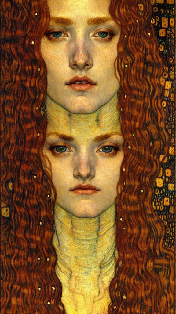 Image similar to detailed realistic beautiful young medieval queen face portrait by jean delville, gustav klimt and vincent van gogh, art nouveau, symbolist, visionary, gothic, pre - raphaelite, muted earthy colors, desaturated