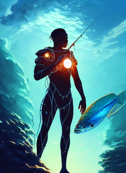 Image similar to portrait of a jamaican fisherman sci - fi glowing fishing armor muscular cyberpunk intricate elegant highly detailed digital painting artstation concept art, ocean fish background, greg rutkowski, loish, rhads, ferdinand knab, makoto shinkai and lois van baarle, ilya kuvshinov, rossdraws, tom bagshaw