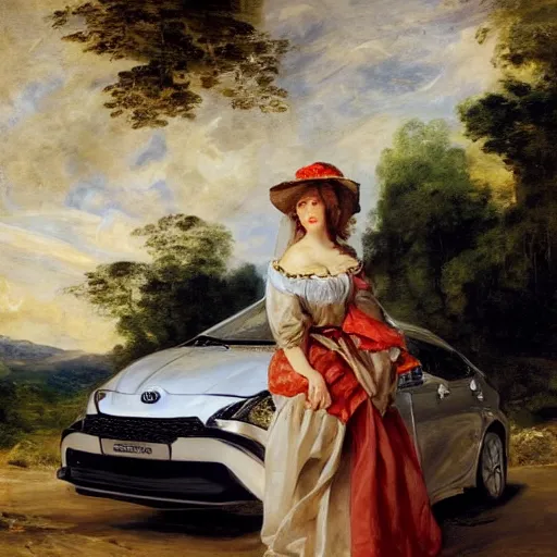 Image similar to heavenly summer sharp land sphere scallop well dressed lady standing next to a toyota corolla, auslese, by peter paul rubens and eugene delacroix and karol bak, hyperrealism, digital illustration, fauvist, standing next to a toyota corolla