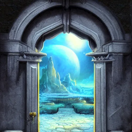 Image similar to beautiful matte painting of the doorway to another dimenstion, fantasy