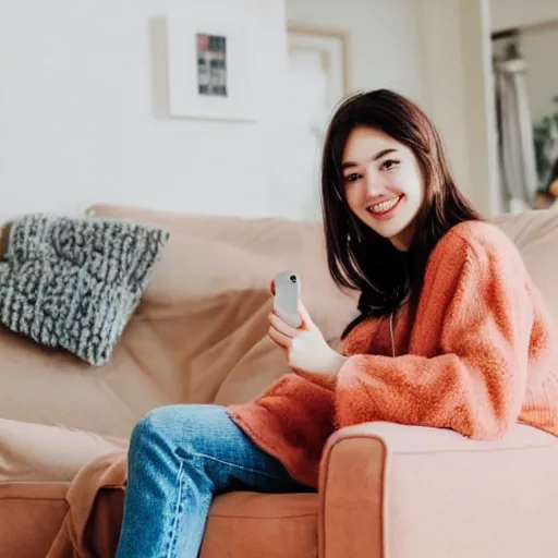 Image similar to selfie photograph of a cute young woman, red blush, wearing casual clothes, small smile, relaxing on a couch, cozy living room, medium shot, 8 k, trending on instagram, trending on pinterest, portra 4 0 0