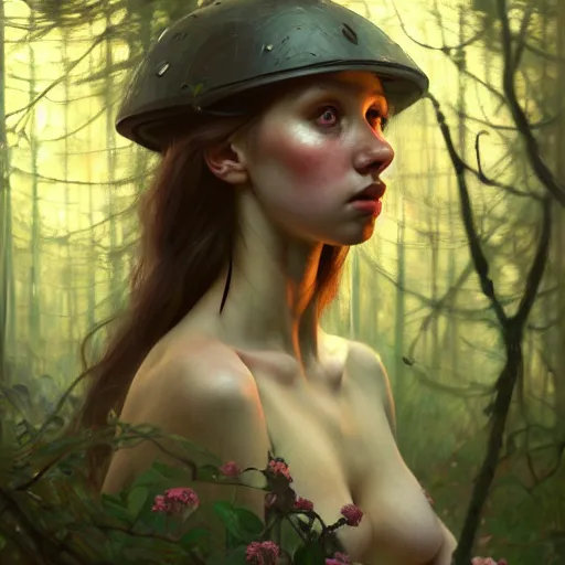 Prompt: young angry woman, beautiful girl, full body, no hair, in a forest, realistic, serov, surikov, vasnetsov, repin, kramskoi, insanely detailed, charlie bowater, tom bagshaw, high resolution, octane rendered, unreal engine, illustration, trending on artstation, masterpiece, 8 k