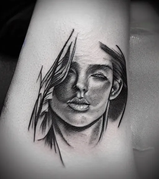 Image similar to tattoo design sketch of a double exposure of a beautiful mountain scenery with a faded beautiful woman face, hyper - realistic, in the style of matteo pasqualin, amazing detail, black and white, faded