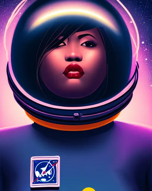 Image similar to close up of a thicc beautiful futurstic astronaut girl, floating through deep black space, few stars in the distance | | epic - fine - clean, polished, trending on artstation, brush strokes