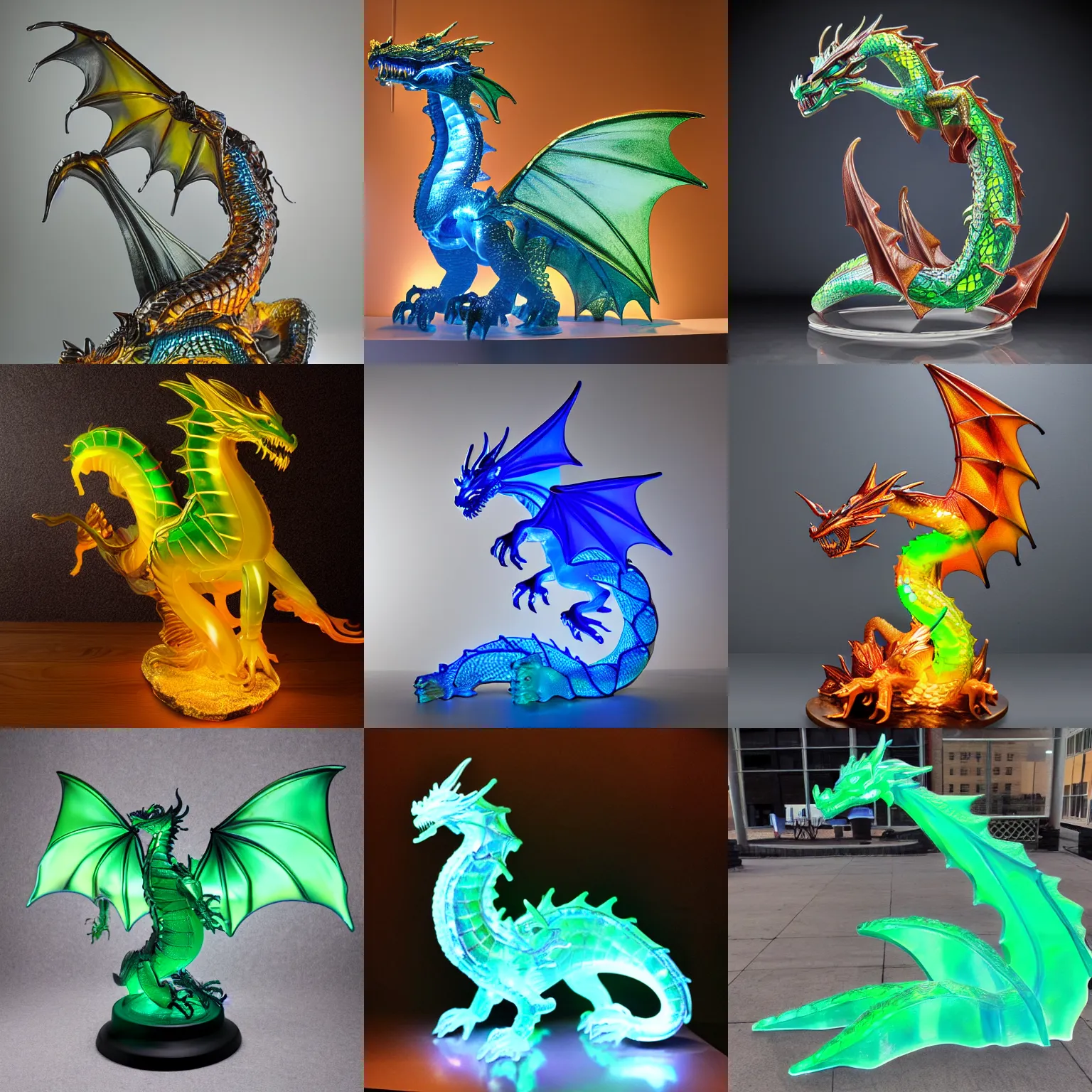 Prompt: product photo of a translucent glass dragon statute made out of glass, ultra realistic, UHD