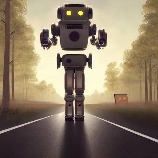 Image similar to Beautiful cinematic scene of a robot walking alongside an empty road surrounded by trees, at night, soft lighting, peaceful, science fiction, award-winning, cinematic lighting, insanely detailed, very realistic, Artstation, Cgsociety, by Simon Stalenhag, directed by Denis Villeneuve, filmic