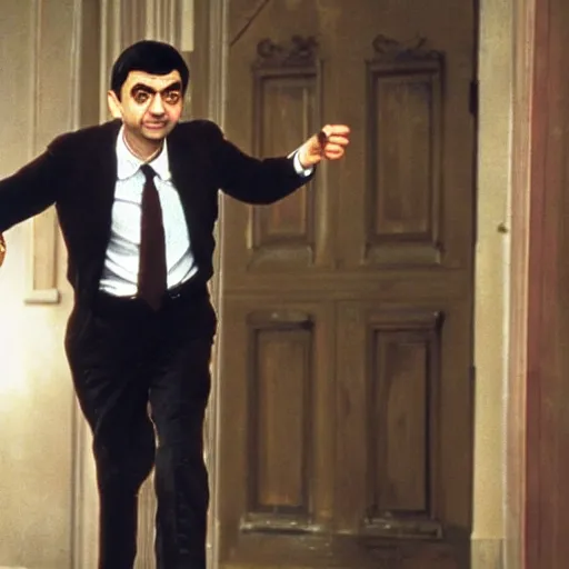 Prompt: Movie scene of Mr. Bean, played by Rowan Atkinson, escaping the scene of a crime