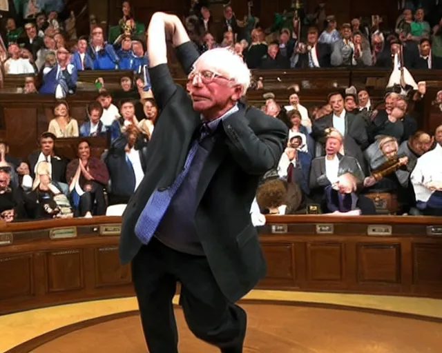 Prompt: bernie sanders deadlifting 200lb barbells, holding the barbells high above his head, in senate chambers during filibuster