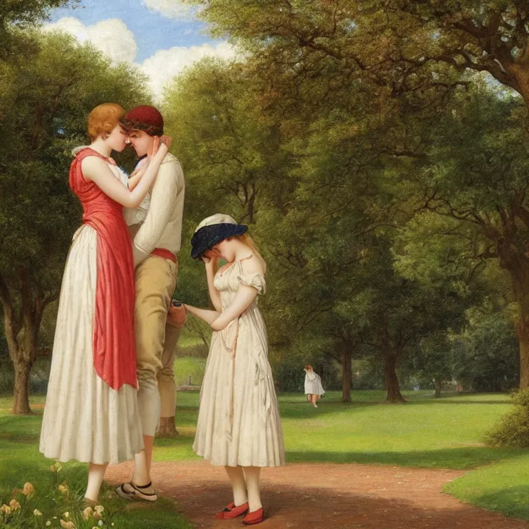 Prompt: a shy young woman and a brash young man have a secret rendezvous in a park : : springtime, circa 1 9 3 0, in the style of edmund blair leighton