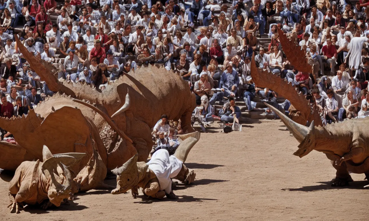 Image similar to a troubadour facing off against a horned dinosaur in the plaza de toros, madrid. long shot, midday sun, kodachrome