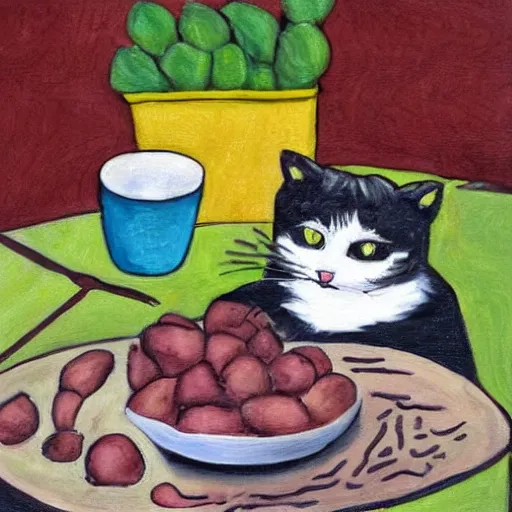 Image similar to the cat who ate potatoes, masterpiece painting by emilee duvont - jameson, who is honestly not very good