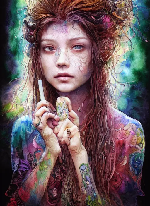 Image similar to portrait, beautiful Stoner hippy girl, sitting down, smoking a magical bong, watercolor, dramatic lighting, cinematic, establishing shot, extremely high detail, foto realistic, cinematic lighting, pen and ink, intricate line drawings, by Yoshitaka Amano, Ruan Jia, Kentaro Miura, Artgerm, post processed, concept art, artstation, matte painting, style by eddie mendoza, raphael lacoste, alex ross