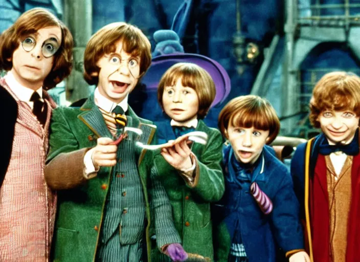 Image similar to film still of Harry potter in Willy Wonka's and the Chocolate Factory 1971