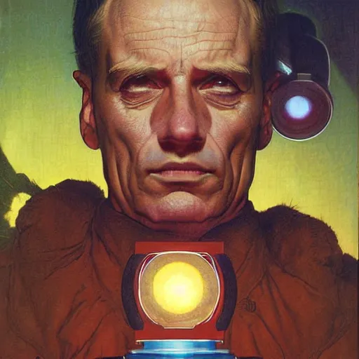 Image similar to portrait of an absolute normal hyperdetailed photorealistic man except his eyes are on fire and emitting a disastrously vicious laser beam by norman rockwell martin ansin moebius jean girard