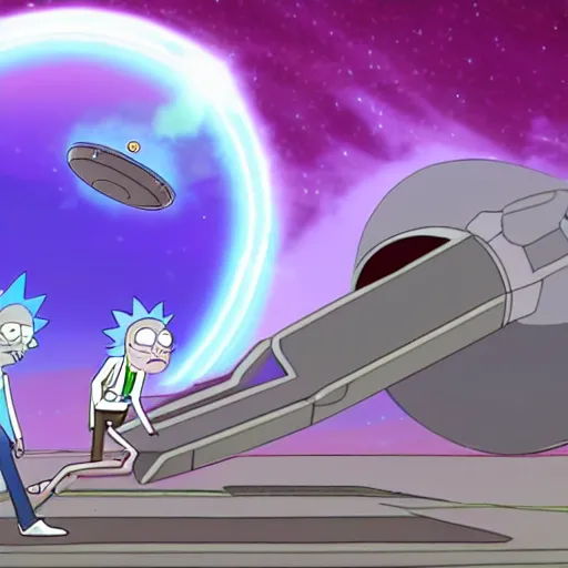 Image similar to screenshot rick and morty flying in their regular ufo in deep space, the death star explodes on background