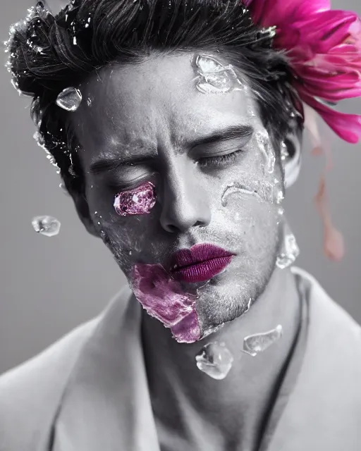 Image similar to portrait of a man, close-up, ice on the face, steel skin, high sharpness, zeiss lens, fashion photo shoot, flowers, gray hair, Coral lipstick, in the background black , in pink, illumination semidark , Edward Buba , Annie Leibovitz , Paolo Roversi , David Lazar , Jimmy Nelsson , Eiko Hosoe , artistic , hyper-realistic , beautiful face , octane rendering