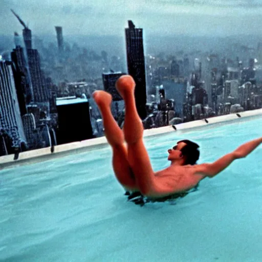 Image similar to patrick bateman chilling in a swimming pool on the terrace of empire state building, in american psycho ( 1 9 9 9 )