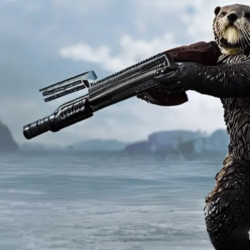 Image similar to a sea otter in gears of war armor firing a pistol