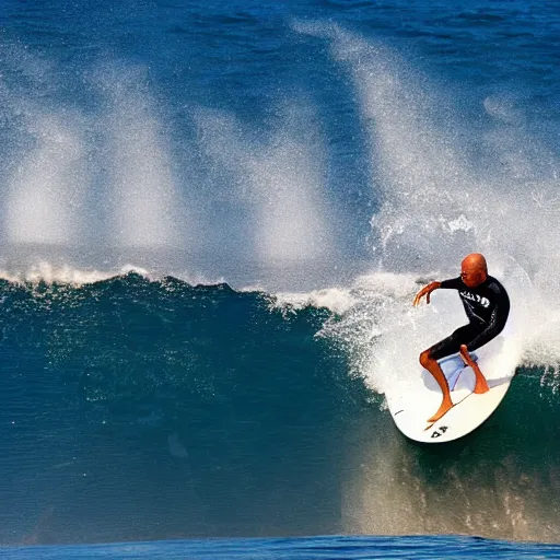 Prompt: kelly slater surfing, surfing in a barrel wave with a great white in the face of the wave under the water, large shark, clear water, high detailed colors, bright deep blue