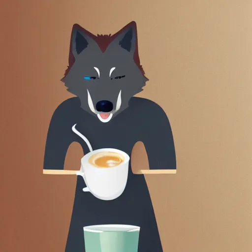 Prompt: an anthro wolf wearing a barista outfit pouring a cup of coffee in a cafe, soft lighting, digital painting