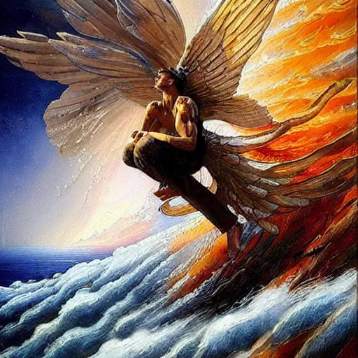 Image similar to beautiful painting by karol bak of a fourteen year old boy with and enormous mechanical wing strapped to his back, standing on the back of a boat in a storm, his arms spread. ready to fly, icarus, winged boy, young teen, rain, clouds, waves, splash,