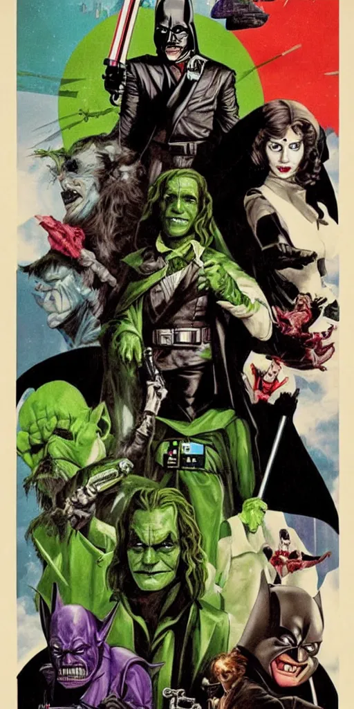 Image similar to a Star Wars Return of the Jedi movie poster with Batman, the Joker, the Green Goblin, and Catwoman