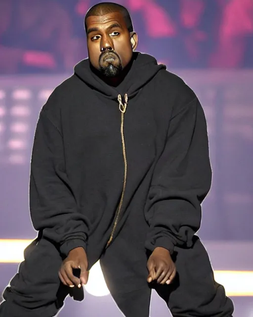 Image similar to kanye rapping on stage but his clothes are ten times too large for him