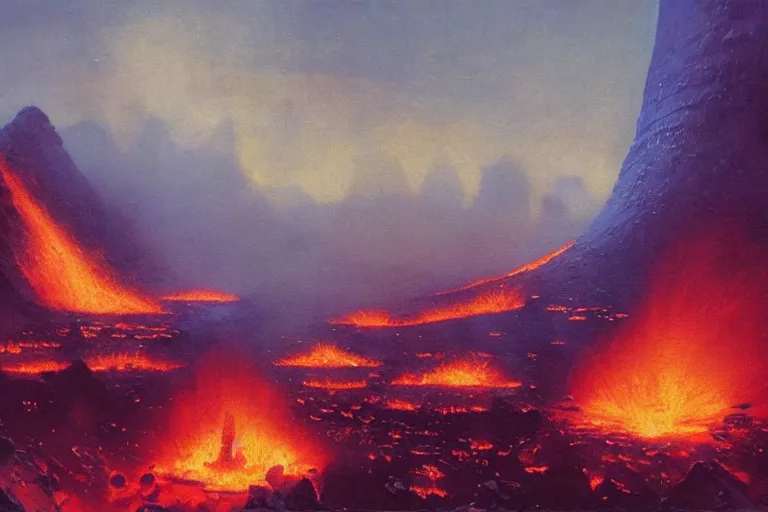 Image similar to a cyberpunk city in the crater of a volcano, lava flowing, smoke, fire, industrial, by paul lehr