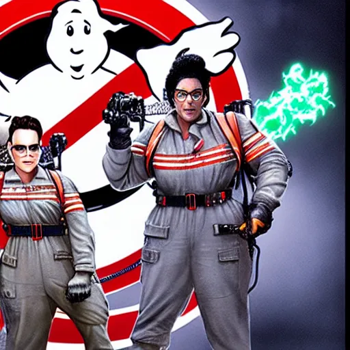 Image similar to ghostbusters vs michellan man, realism, picture, highly detailed