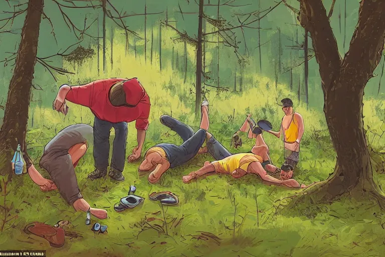Image similar to mid - thirties guys binge drinking and hiking in a forest, one person pissing on a tree, one person is laying on the ground drunk, in the style of simon stalenhag